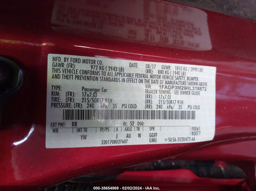 VIN 1FADP3M29HL318872 2017 FORD FOCUS SEL