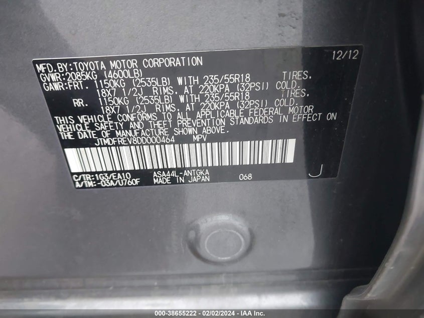 2013 TOYOTA RAV4 LIMITED - JTMDFREV8DD000464