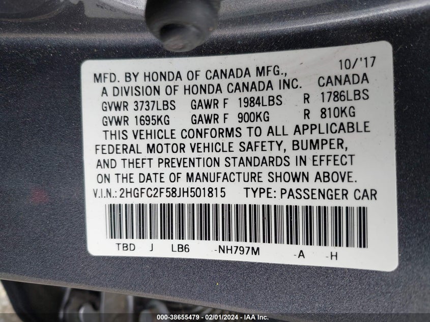 VIN 2HGFC2F58JH501815 2018 HONDA CIVIC LX