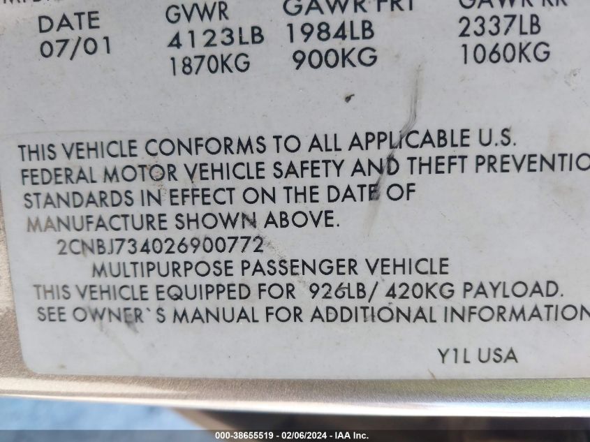 2002 Chevrolet Tracker Zr2 VIN: 2CNBJ734026900772 Lot: 38655519