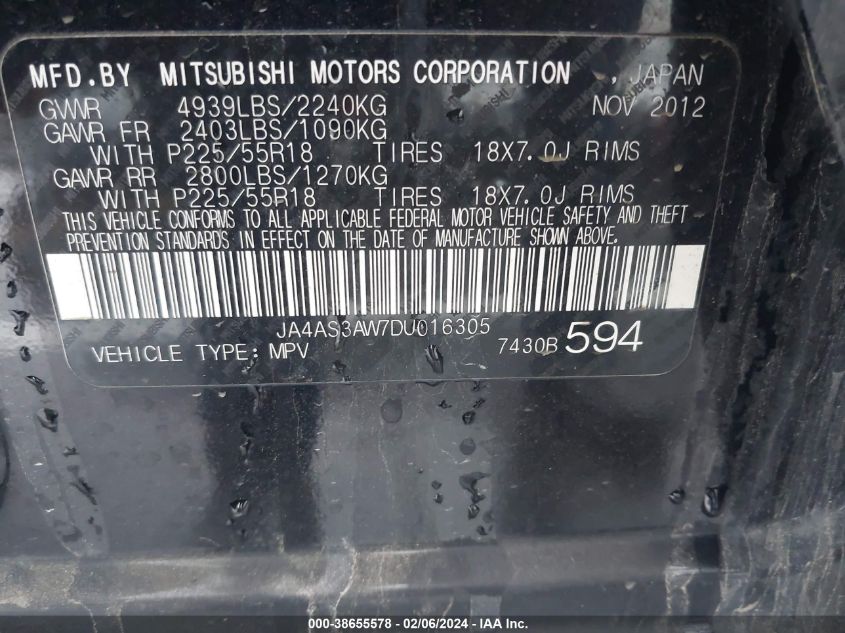 2013 Mitsubishi Outlander Se VIN: JA4AS3AW7DU016305 Lot: 38655578