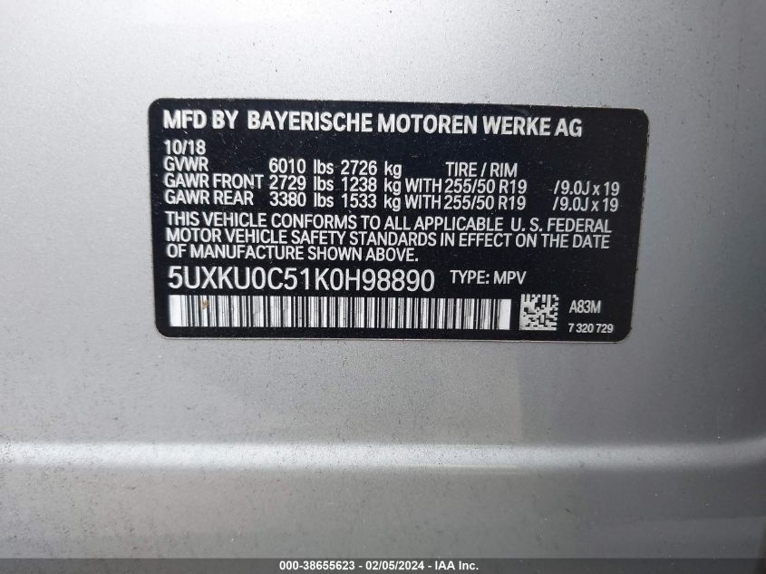 VIN 5UXKU0C51K0H98890 2019 BMW X6, Sdrive35I no.9