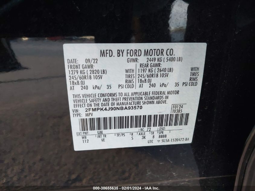 2FMPK4J90NBA93570 2022 FORD EDGE, photo no. 9