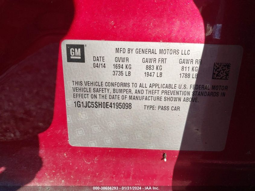 2014 Chevrolet Sonic Lt Auto VIN: 1G1JC5SH0E4195098 Lot: 38656293