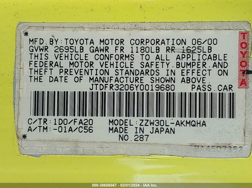 2000 Toyota Mr2 Spyder VIN: JTDFR3206Y0019680 Lot: 38656567