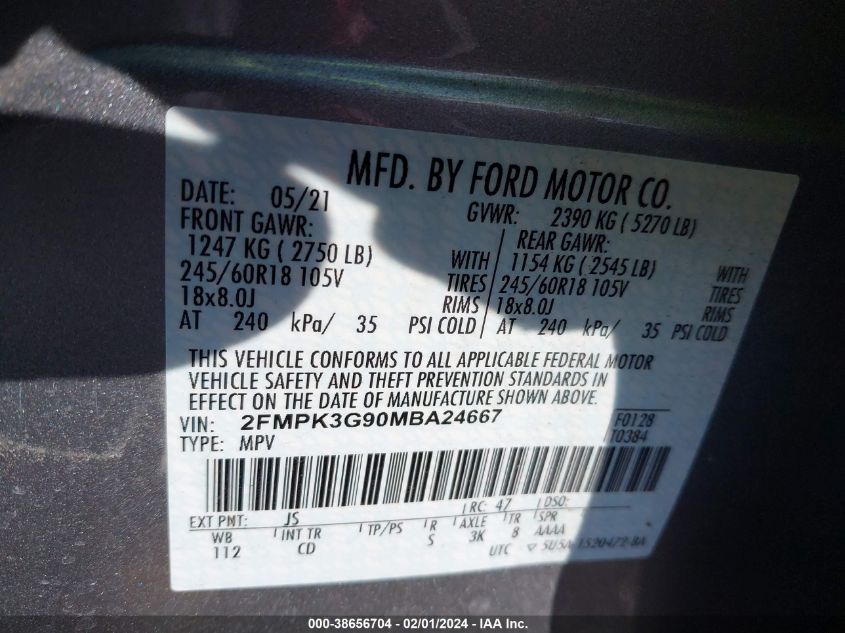 2FMPK3G90MBA24667 2021 FORD EDGE, photo no. 9