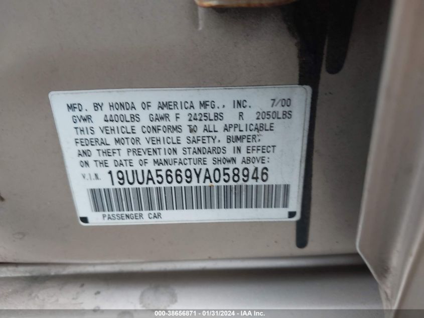 2000 Acura Tl 3.2 (A5) VIN: 19UUA5669YA058946 Lot: 38656871