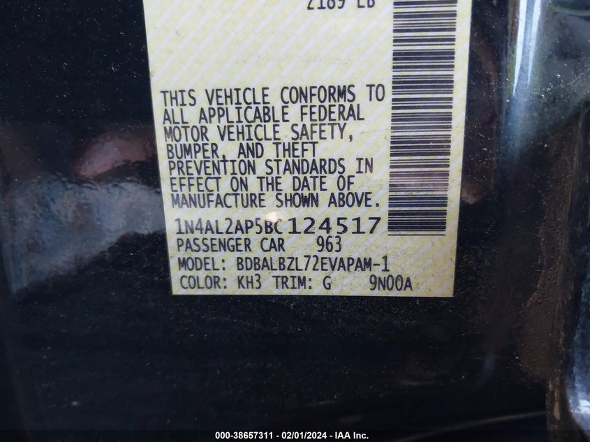 2011 Nissan Altima S VIN: 1N4AL2AP5BC124517 Lot: 38657311