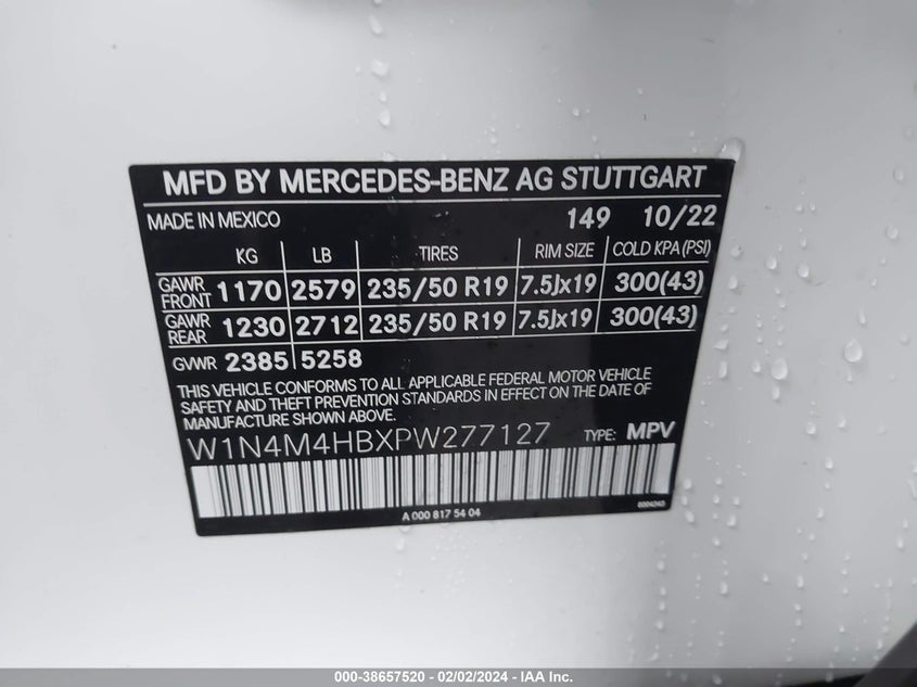 2023 MERCEDES-BENZ GLB 250 VIN: W1N4M4HBXPW277127