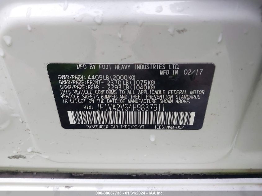 JF1VA2V64H9837911 2017 Subaru Wrx Sti