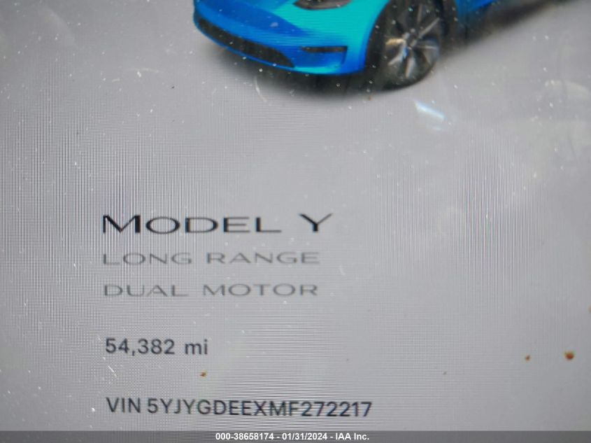 2021 Tesla Model Y VIN: 5YJYGDEEXMF272217 Lot: 38658174