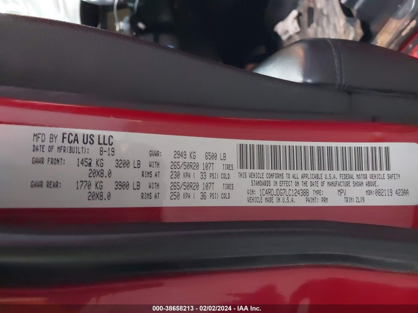 VIN 1C4RDJDG7LC124388 2020 DODGE DURANGO GT