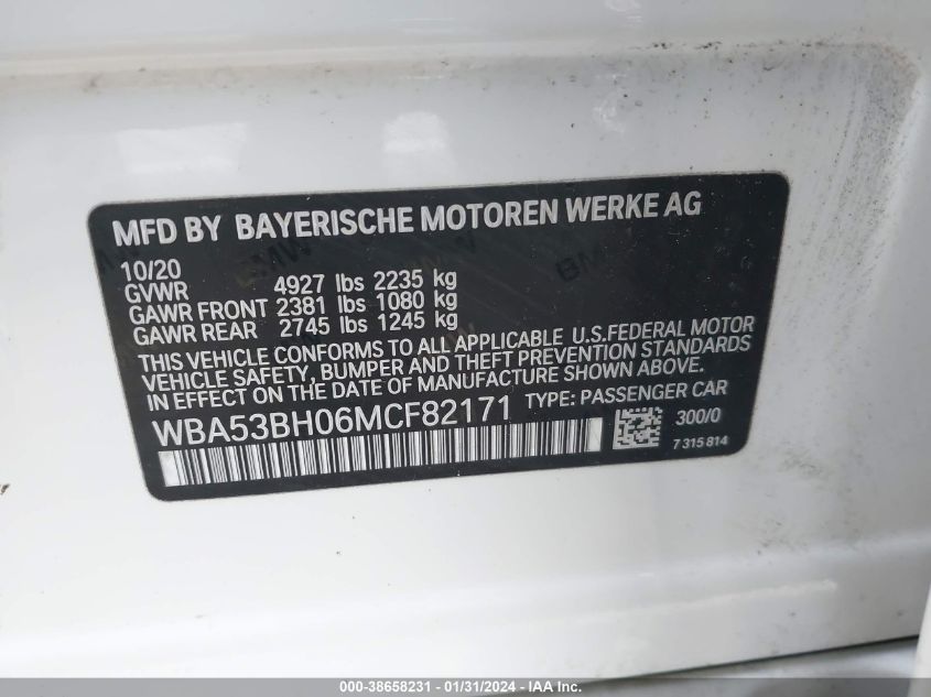 2021 BMW 530 I VIN: WBA53BH06MCF8217 Lot: 38658231