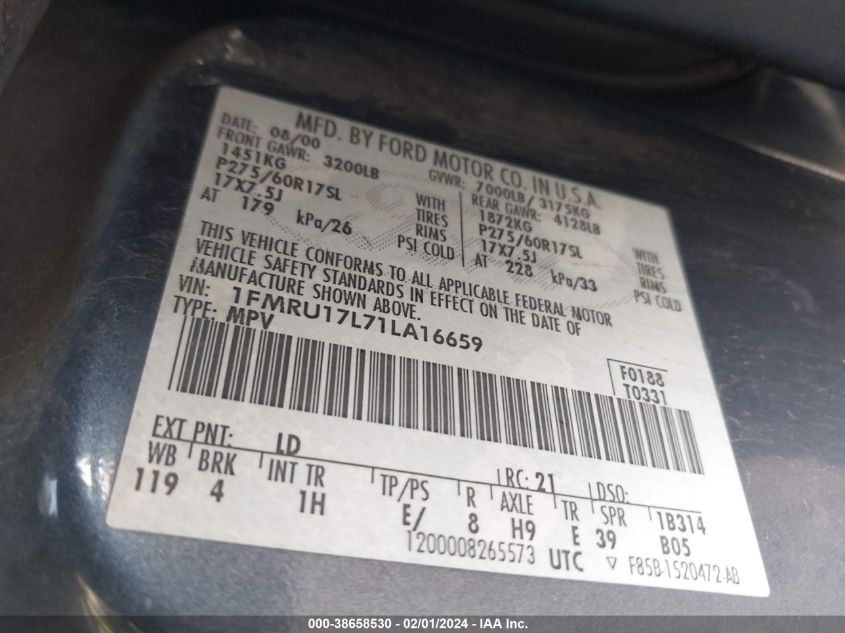 2001 Ford Expedition Eddie Bauer VIN: 1FMRU17L71LA16659 Lot: 38658530