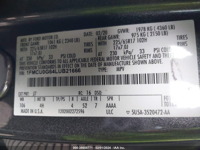 2020 Ford Escape Se VIN: 1FMCU0G64LUB21666 Lot: 38658771