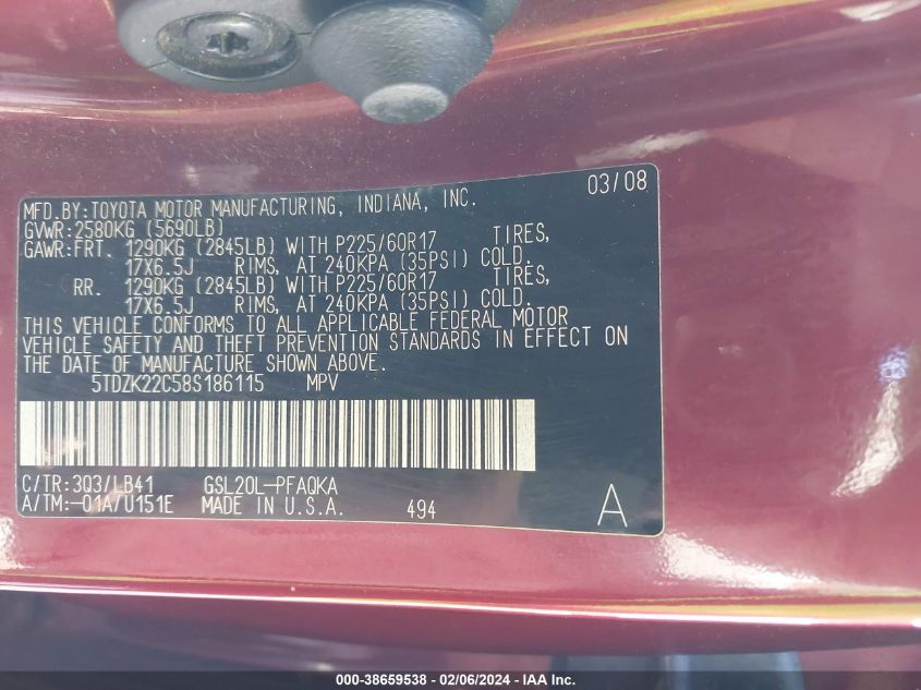 2008 Toyota Sienna Xle/Xle Limited VIN: X5TDZK22C58S18611 Lot: 38659538