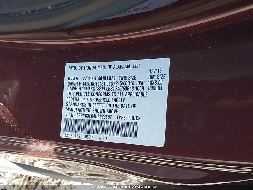 2017 HONDA RIDGELINE RTL-T - 5FPYK3F64HB023862