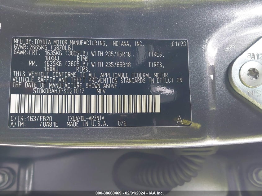 2023 TOYOTA HIGHLANDER VIN: 5TDKDRAH3PS021017