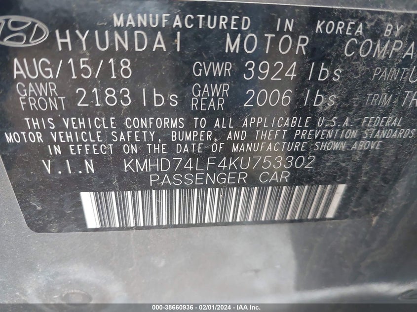 VIN KMHD74LF4KU753302 2019 HYUNDAI ELANTRA SE