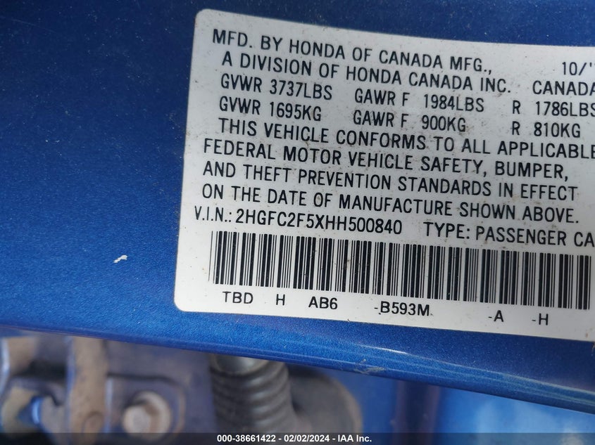 VIN 2HGFC2F5XHH500840 2017 HONDA CIVIC LX
