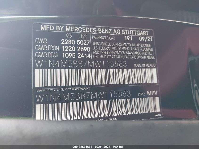 2021 Mercedes-Benz Amg Glb 35 4Matic VIN: W1N4M5BB7MW115563 Lot: 38661696