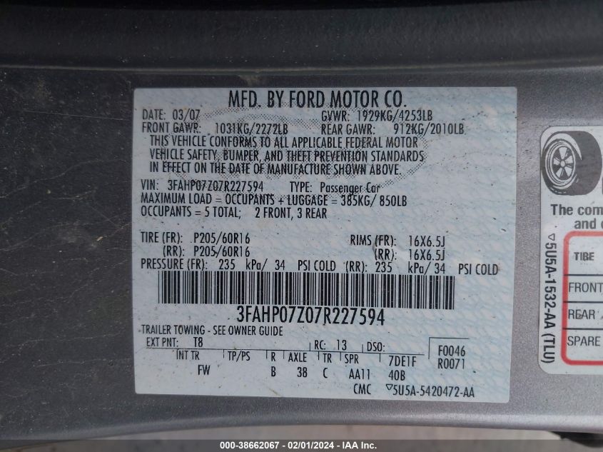 3FAHP07Z07R227594 2007 Ford Fusion Se