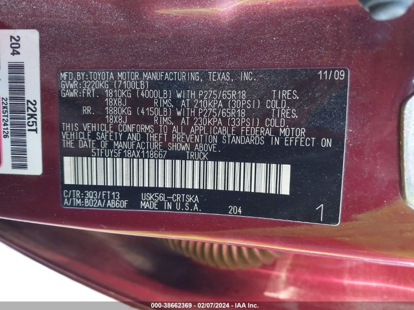 5TFUY5F18AX118667 2010 Toyota Tundra Grade 5.7L V8