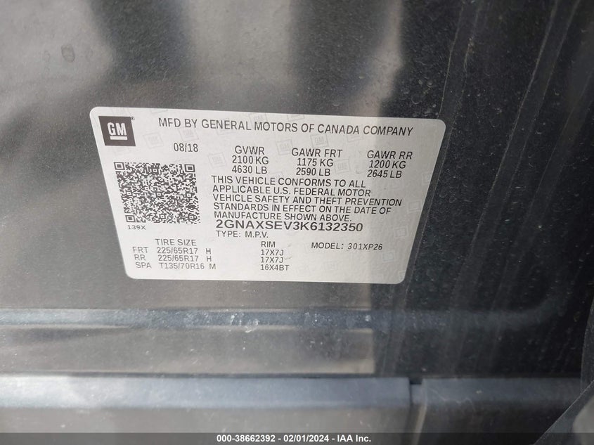 VIN 2GNAXSEV3K6132350 2019 CHEVROLET EQUINOX LS