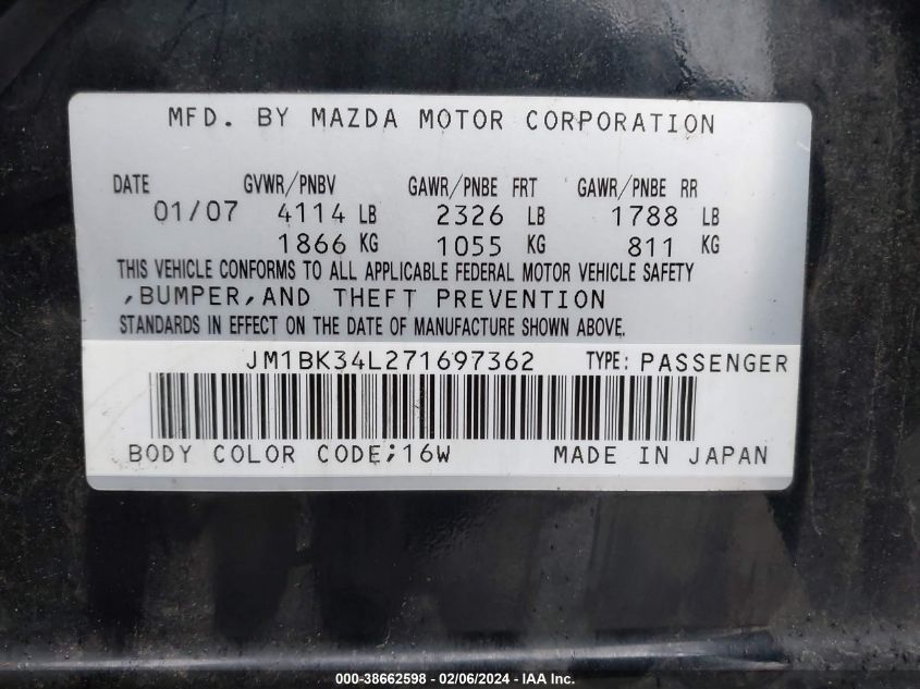 2007 Mazda Mazda3 Mazdaspeed3 Sport VIN: JM1BK34L271697362 Lot: 38662598