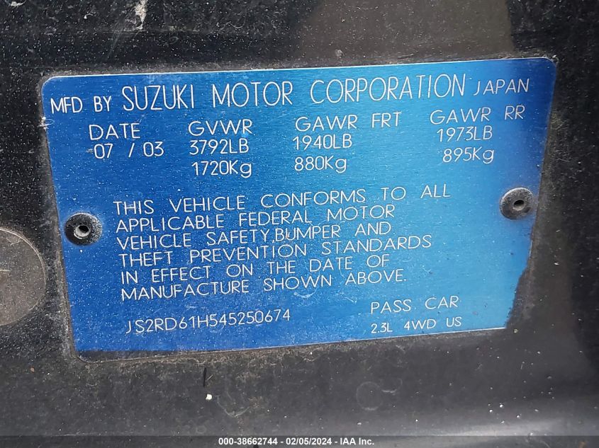 2004 Suzuki Aerio Sx VIN: JS2RD61H545250674 Lot: 38662744