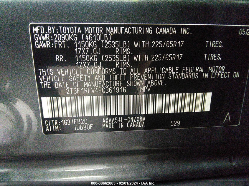 2023 TOYOTA RAV4 2.5L I-4 DI, DOHC, V(VIN: 2T3F1RFV4PC361916