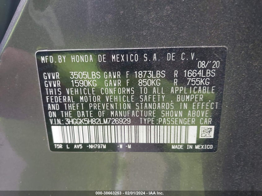 VIN 3HGGK5H82LM726929 2020 HONDA FIT EX