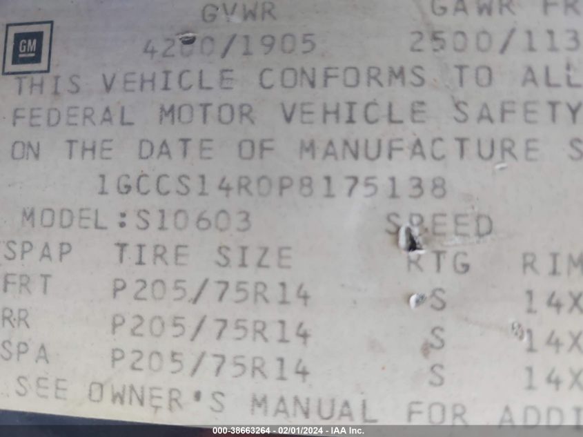 1993 Chevrolet S Truck S10 VIN: 1GCCS14R0P8175138 Lot: 38663264