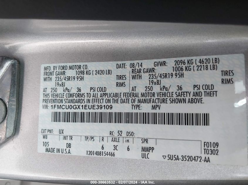 1FMCU0GX1EUE39109 2014 Ford Escape Se