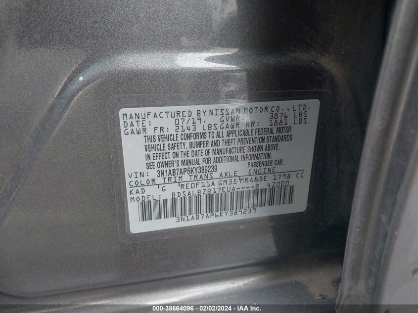VIN 3N1AB7AP6KY389239 2019 NISSAN SENTRA S