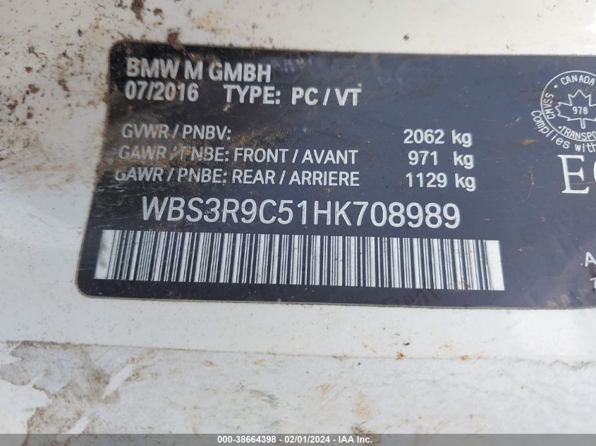 2017 BMW M4 VIN: WBS3R9C51HK708989 Lot: 38664398