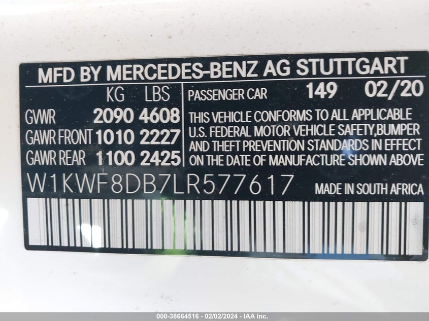 2020 MERCEDES-BENZ C 300 VIN: W1KWF8DB7LR577617
