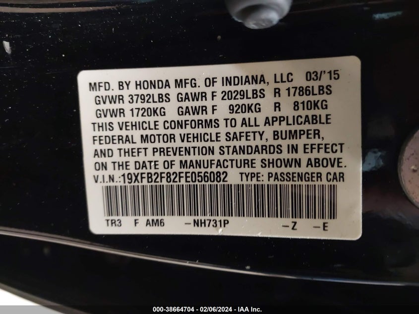 2015 HONDA CIVIC EX 19XFB2F82FE056082
