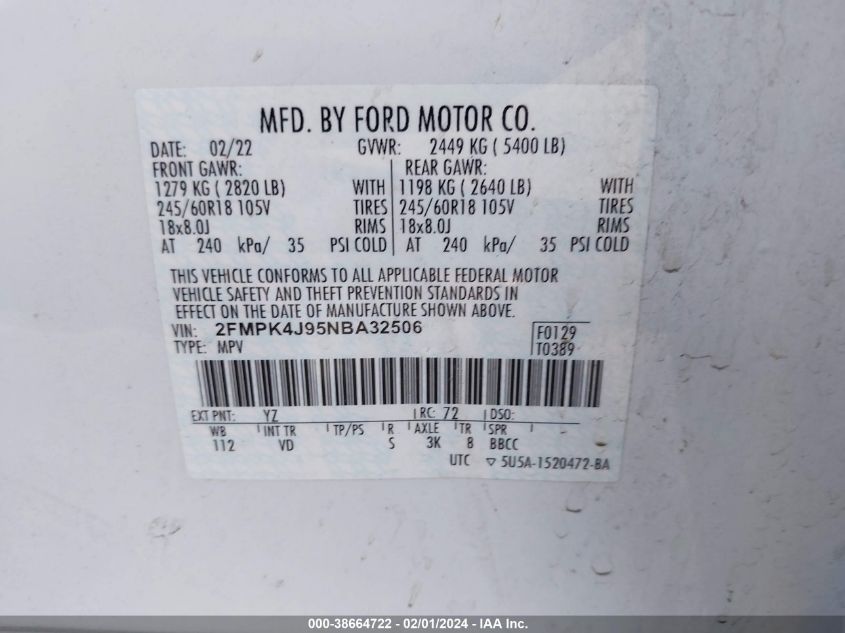 2FMPK4J95NBA32506 2022 FORD EDGE, photo no. 9