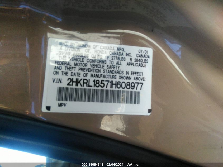 2001 Honda Odyssey Lx VIN: 2HKRL18571H608977 Lot: 38664816