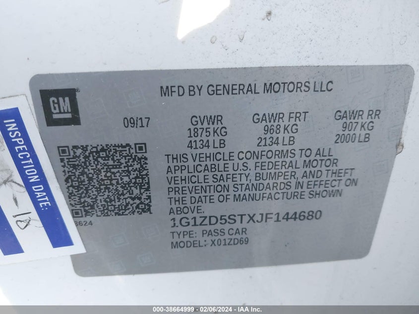 2018 CHEVROLET MALIBU VIN: 1G1ZD5STXJF144680