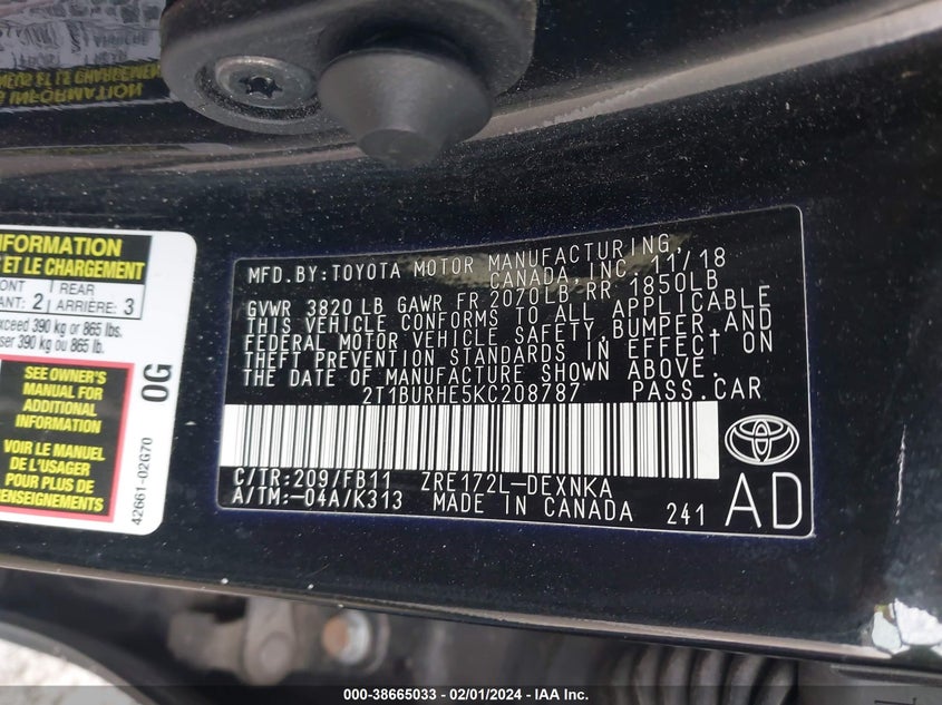 2019 TOYOTA COROLLA LE - 2T1BURHE5KC208787