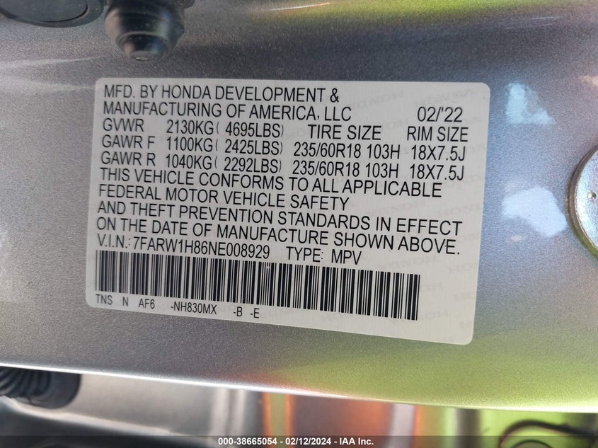 VIN 7FARW1H86NE008929 2022 HONDA CR-V EXL