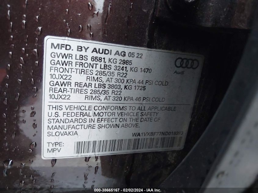 2022 Audi Q7 Prestige 55 Tfsi Quattro Tiptronic VIN: WA1VXBF77ND018393 Lot: 38665167