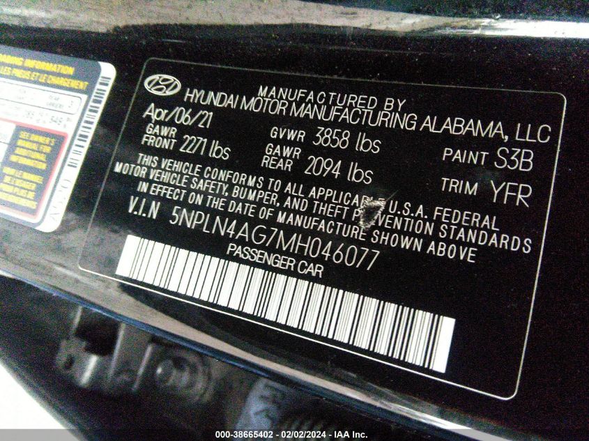 2021 Hyundai Elantra Sel VIN: 5NPLN4AG7MH046077 Lot: 38665402