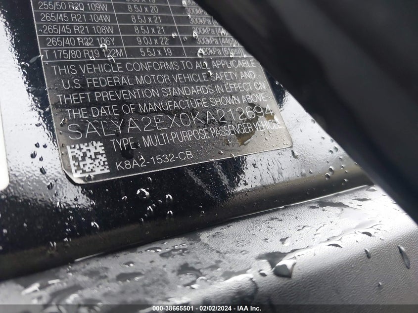 2019 LAND ROVER RANGE ROVER VELAR P250 - SALYA2EX0KA212694