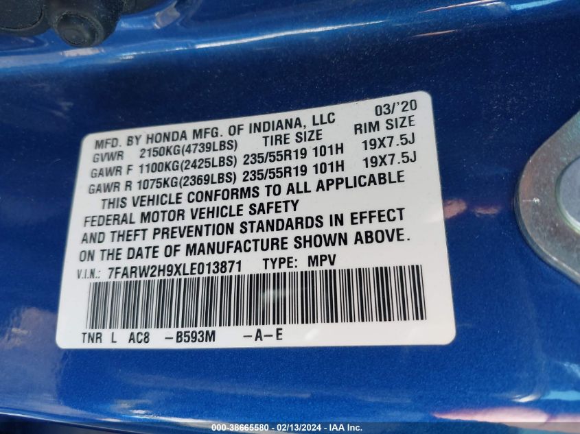 2020 HONDA CR-V TOURING - 7FARW2H9XLE013871