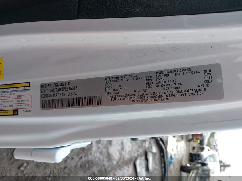 VIN 1C6HJTAGXPL515617 2023 JEEP GLADIATOR SPORT