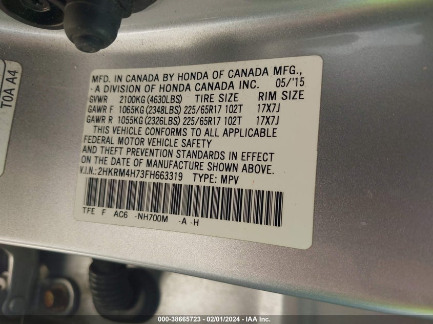 2015 HONDA CR-V EX-L - 2HKRM4H73FH663319