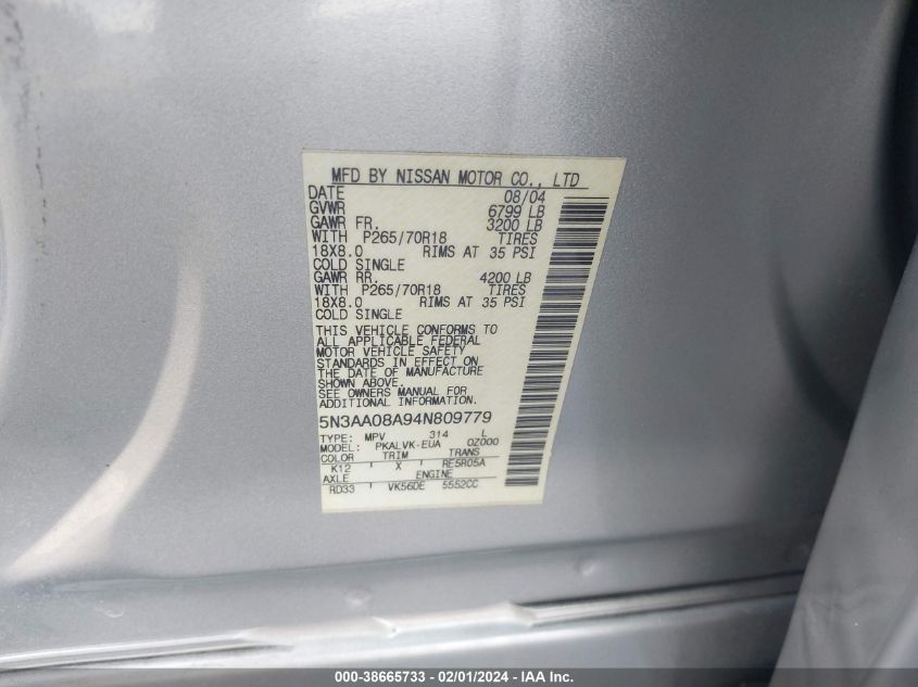 2004 Infiniti Qx56 VIN: 5N3AA08A94N809779 Lot: 38665733